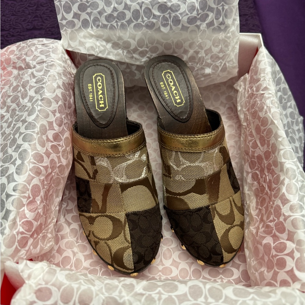 Authentic Coach caterina patchwork clogs in shades of brown